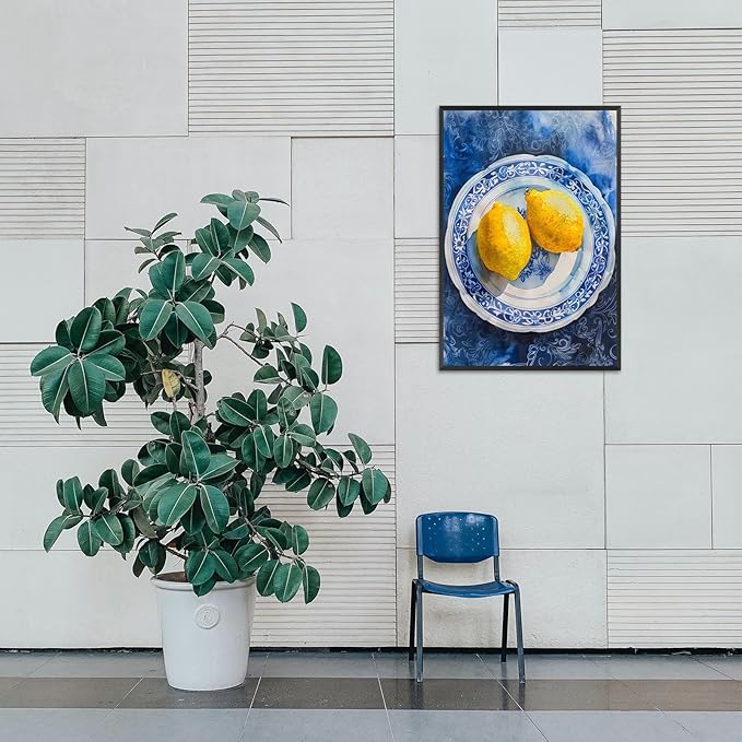 Vintage Yellow Fruit Orange Kitchen Wall Art Funky Blue Dining Table Plates Ceramics Canvas Posters Family Restaurant Food Fruits Prints Painting For Modern Living Room Wall Decor 16x24in Framed