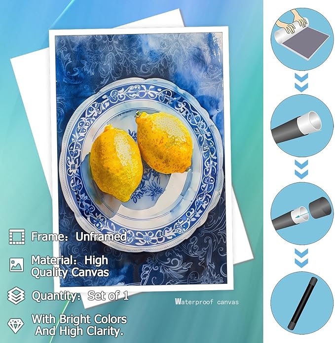 Vintage Yellow Fruit Orange Kitchen Wall Art Funky Blue Dining Table Plates Ceramics Canvas Posters Family Restaurant Food Fruits Prints Painting For Modern Living Room Wall Decor 16x24in Unframed
