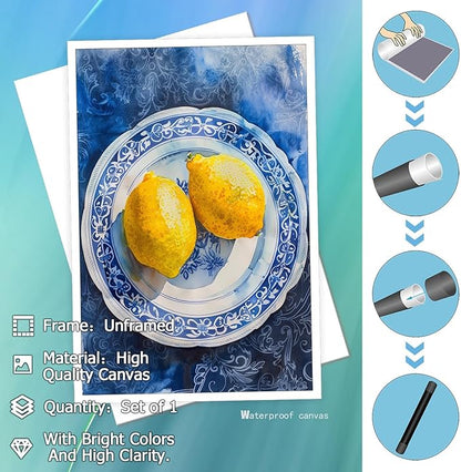 Vintage Yellow Fruit Orange Kitchen Wall Art Funky Blue Dining Table Plates Ceramics Canvas Posters Family Restaurant Food Fruits Prints Painting For Modern Living Room Wall Decor 16x24in Unframed