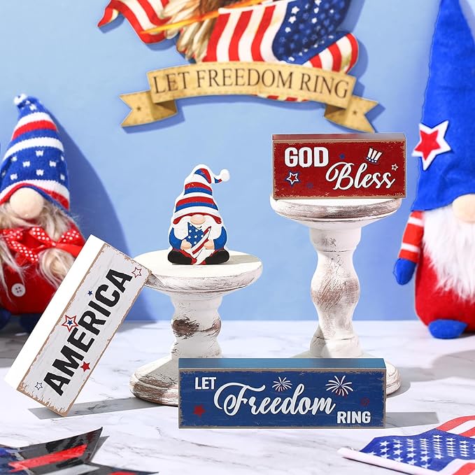 Blosssound 4 Pcs Patriotic Table Decorations Centerpieces 4th of July Wooden Signs Gnome Red White and Blue God Bless America Wood Block Gifts for Independence Memorial Day Tiered Tray Mantel Shelf