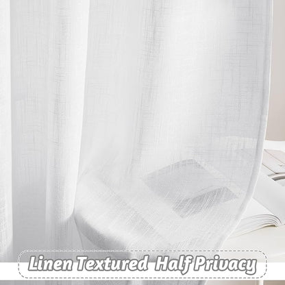 RYB HOME White Linen Textured Sheer Ties for Bathroom Bedroom, Machine Washable Kitchen Soften Sunlight Short Curtains Valances Country Rustic, W 42 x L 36 inches, White, 2 Panels