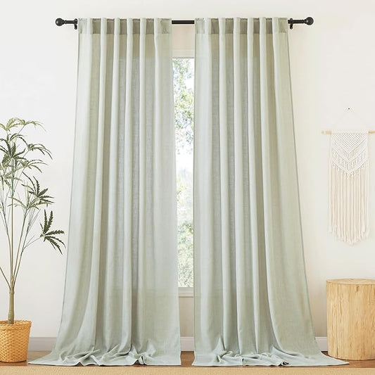 RYB HOME Extra Long Linen Curtains for Living Room, Light Filtering Privacy Protection Vertical 120 inches Long for Bedroom Dining Room, W 52 x L 120 inches, Sage Green, 2 Panels