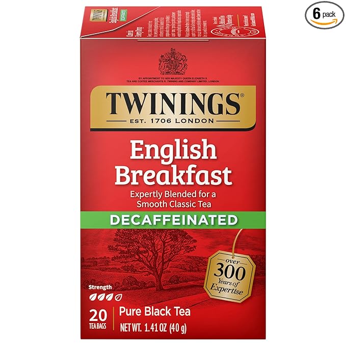 Twinings Decaffeinated English Breakfast Individually Wrapped Bags, 20 Count (Pack of 6), Flavourful & Robust, Enjoy Hot or Iced | Packaging May Vary