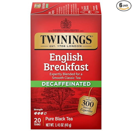 Twinings Decaffeinated English Breakfast Individually Wrapped Bags, 20 Count (Pack of 6), Flavourful & Robust, Enjoy Hot or Iced | Packaging May Vary