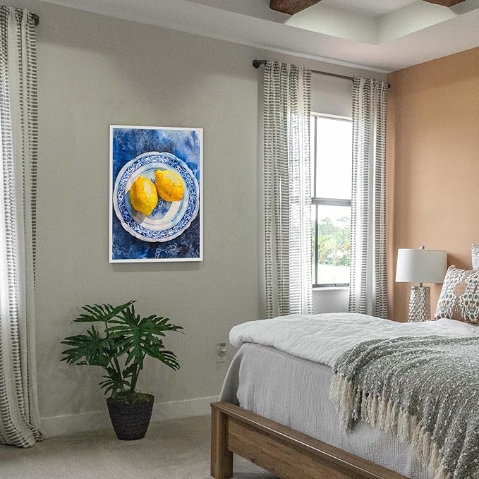 Vintage Yellow Fruit Orange Kitchen Wall Art Funky Blue Dining Table Plates Ceramics Canvas Posters Family Restaurant Food Fruits Prints Painting For Modern Living Room Wall Decor 16x24in Unframed