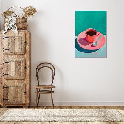 Vintage Afternoon Tea Black Coffee Wall Art Funky Pink Dinner Plate Food Canvas Posters Kitchen Coffee Pictures Prints Painting For Modern Home Dining Room Cafe Restaurant Wall Decor 8x10in Framed