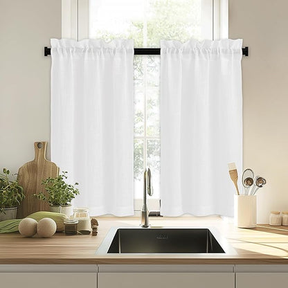 RYB HOME White Sheer Valances for Cafe Kitchen, Light Filtering Durability Farmhouse Linen Textured Curtains for Small Short Window Living Room Glass Door, W 34 x L 30 inches, White, 2 Panels