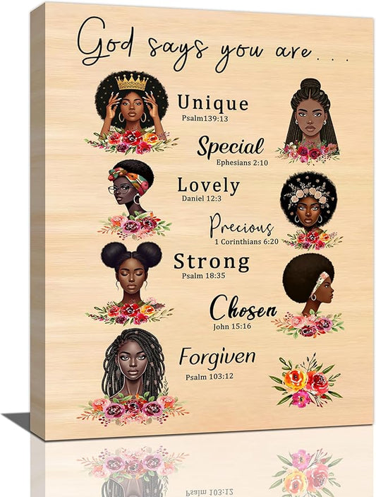 African American God Says You Are Wall Art Black Girl Queen Scripture Pictures Wall Decor Fashion Female Canvas Painting Home Modern Artwork Framed for Bathroom Living Room Bedroom Office 20x24 inch