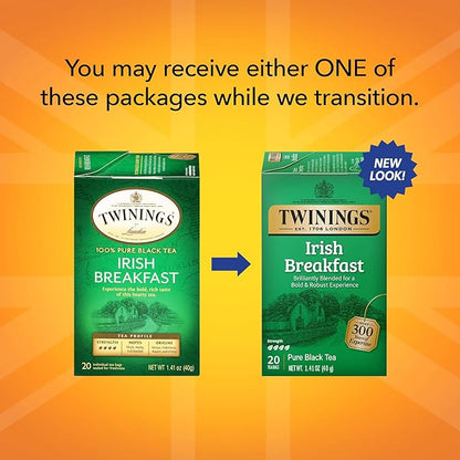 Twinings Irish Breakfast Black Tea Individually Wrapped Bags, 20 Count (Pack of 6), Flavourful, Robust Black Tea, Caffeinated, Enjoy Hot or Iced | Packaging May Vary