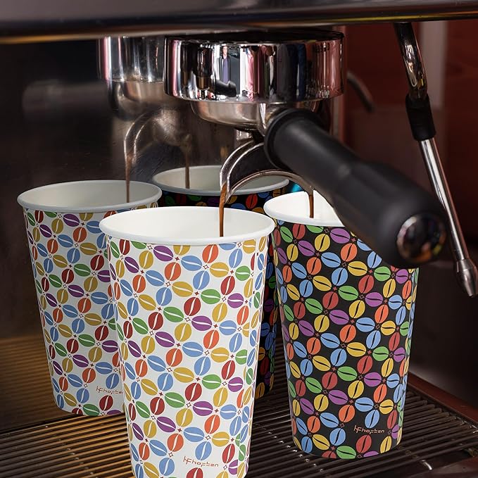 100 Pack 16 oz Disposable Coffee Cups with Lids and Sleeves, To Go Paper Cups for Hot & Cold Beverage, Sturdy Thick Paper & Leak-free, Black & White Designs for Home, Business, Café, Juice or Tea.