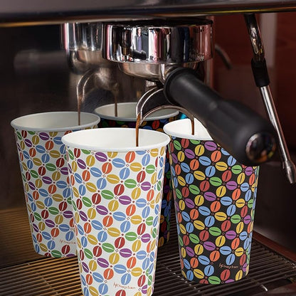 100 Pack 16 oz Disposable Coffee Cups with Lids and Sleeves, To Go Paper Cups for Hot & Cold Beverage, Sturdy Thick Paper & Leak-free, Black & White Designs for Home, Business, Café, Juice or Tea.