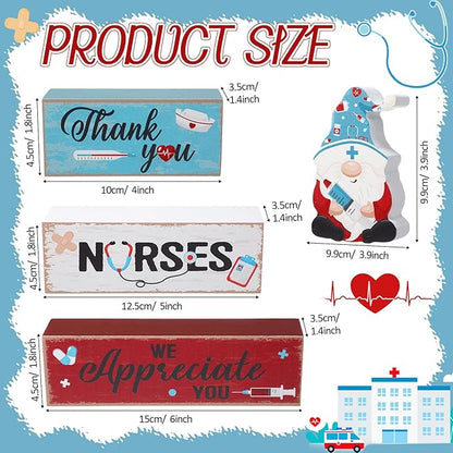 Blosssound 4 Pcs Nurse Appreciation Week Decorations Table Centerpieces Thank You Nurse Wooden Signs Blue Gnome Block Gifts for Medical Rn Students Graduation Party Supplies Tiered Tray Mantel Shelf