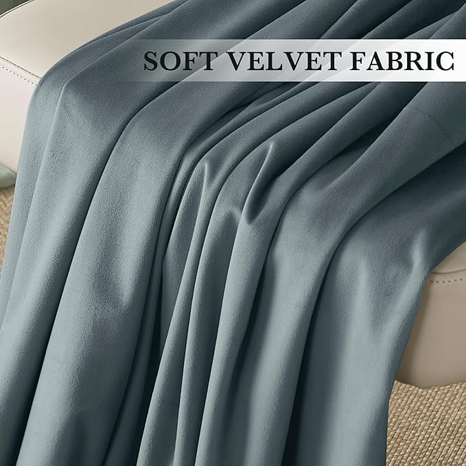 RYB HOME Dusty Blue Velvet Drapes for Baby Boy Bedroom, Thermal Insulated, Light Blocking, Floor-Length Back Tab Velvet Curtains for Modern Home Decor, 52" W x L102 L, 2 Panels Set