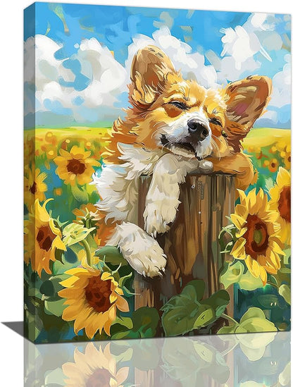Dog Wall Art Country Sunflower Funny Corgi Pictures Wall Decor Farmhouse Canvas Painting Print Home Modern Artwork Decorations Framed for Bathroom Living Room Bedroom Office 20 x 24 inch