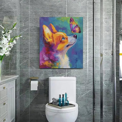 Corgi Kiss Butterfly Wall Art Dog Pictures Wall Decor Dogs Canvas Painting Print Home Modern Artwork Decorations Framed for Bathroom Living Room Bedroom Office 20 x 24 inch