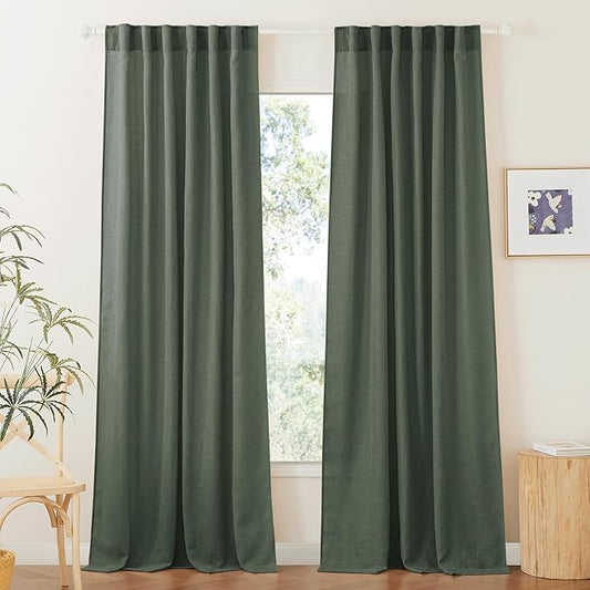 RYB HOME Semi Sheer Curtains 90 inches Long, Light Filtering Privacy Natural Farmhouse Linen Texture Drapes for Living Room Bedroom Dining Room, W 52 x L 90 inches, Hunter Green, 2 Panels