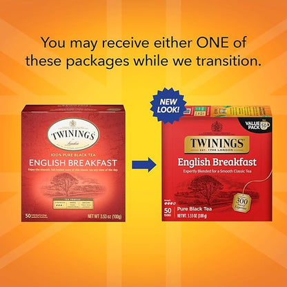 Twinings English Breakfast Black Tea Individually Wrapped Bags, 50 Count (Pack of 6), Flavourful, Robust, Caffeinated, Enjoy Hot or Iced