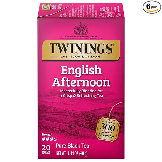 Twinings English Afternoon Black Tea Individually Wrapped Bags, 20 Count (Pack of 6), Smooth & Slightly Sweet, Caffeinated, Enjoy Hot or Iced | Packaging May Vary