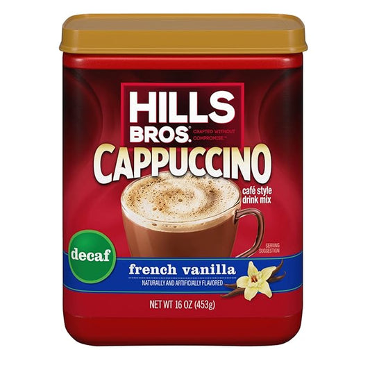 Hills Bros Decaf French Vanilla Cappuccino Mix, Easy to Use, Enjoy Coffeehouse Flavor at Home-Decadent with Sweet Notes and No Caffeine, 16 Ounce (Pack of 1)
