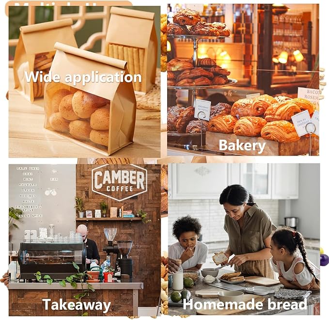 Heavy Duty Large Kraft Paper Bread Bags with Tin Tie Tab Lock 100pcs, Loaf Bag with Clear Front Window, Storage Packaging Treat Bag for Bakery Cafe Homemade Bread 10.6” × 4.3” × 8.7”