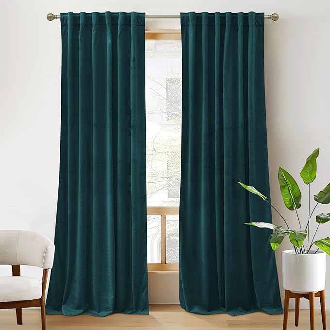 RYB HOME Teal Velvet Curtains 92 inches, Back Tab Soft Fabric Room Darkening Thermal Insulated Luxurious Home Decor Curtains for Living Room Bedroom, W 52" x L 92", 2 Panels Set