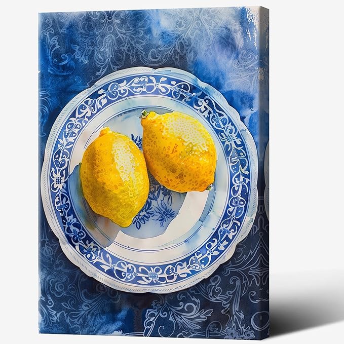 Vintage Yellow Fruit Orange Kitchen Wall Art Funky Blue Dining Table Plates Ceramics Canvas Posters Family Restaurant Food Fruits Prints Painting For Modern Living Room Wall Decor 8x10in Framed