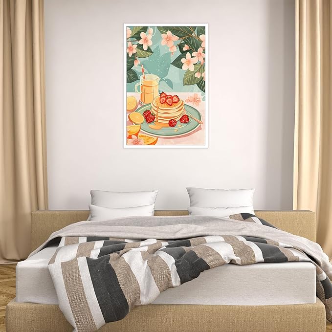 Vintage Food Afternoon Tea Kitchen Wall Art Funny Drinks Fruits Food Pastries Canvas Posters Funky Pink Strawberry Cake Orange Flowers Prints Painting For Living Room Wall Decor 8x10in Unframed