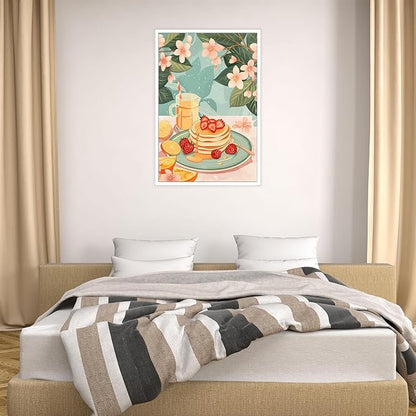 Vintage Food Afternoon Tea Kitchen Wall Art Funny Drinks Fruits Food Pastries Canvas Posters Funky Pink Strawberry Cake Orange Flowers Prints Painting For Living Room Wall Decor 8x10in Unframed
