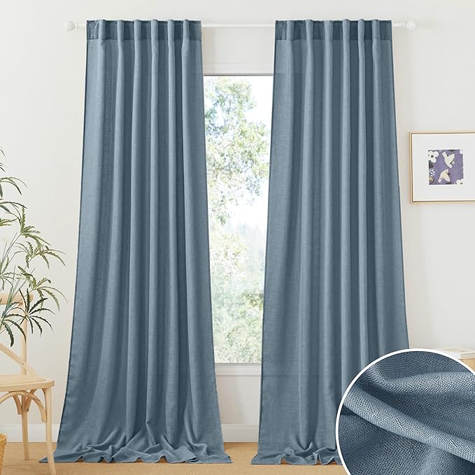 RYB HOME Linen Curtains 102 inch Length for Dining Room Doorway, Back Tab Light Filtering Breathable Privacy Assured Durability Window Treatments, W 52 x L 102 inch, 2 Pcs, Stone Blue