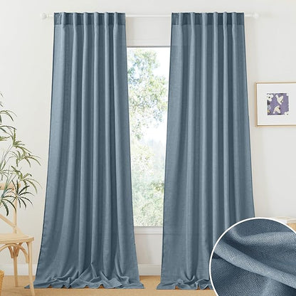 RYB HOME Linen Curtains 102 inch Length for Dining Room Doorway, Back Tab Light Filtering Breathable Privacy Assured Durability Window Treatments, W 52 x L 102 inch, 2 Pcs, Stone Blue
