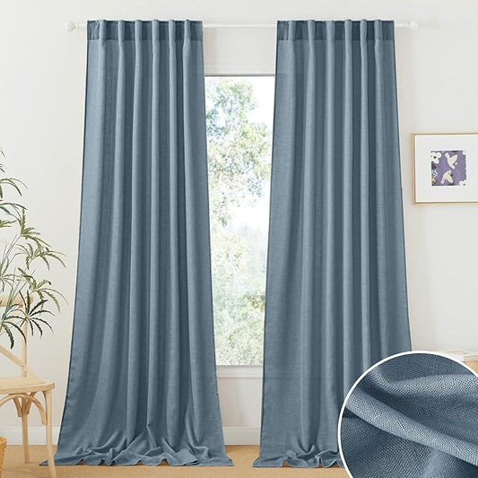 RYB HOME Linen Curtains 102 inch Length for Dining Room Doorway, Back Tab Light Filtering Breathable Privacy Assured Durability Window Treatments, W 52 x L 102 inch, 2 Pcs, Stone Blue