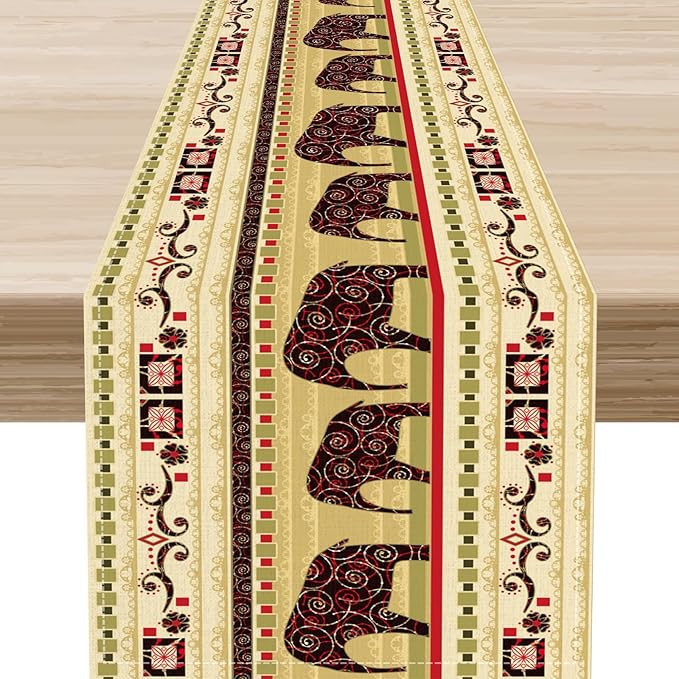 Boho Elephant Table Runner, Vintage Tribal Traditional Bohemian African Animals Ethnic Folk Table Center Decor for Home Kitchen Dining Patio Holiday Party Indoor Table Decorations, 13"x90" Inch