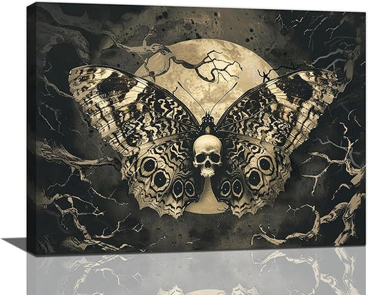 Skull Gothic Wall Art Skeleton Butterfly Dark Spooky Pictures Wall Decor Goth Horror Canvas Painting Home Modern Artwork Decorations Framed for Bathroom Living Room Bedroom Office 24x20 inch