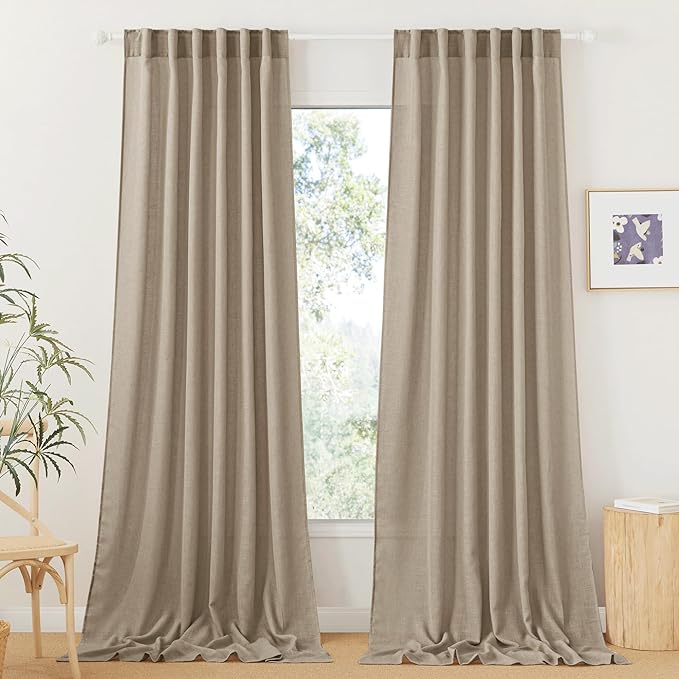 RYB HOME Linen Curtains for Windows - Airy Semi Sheer for Bathroom Kids Room Doorway, Privacy Assured Home Decor Elegant Shabby Chic, 52 inch Width x 102 inch Length, Khaki, 2 Panels Set