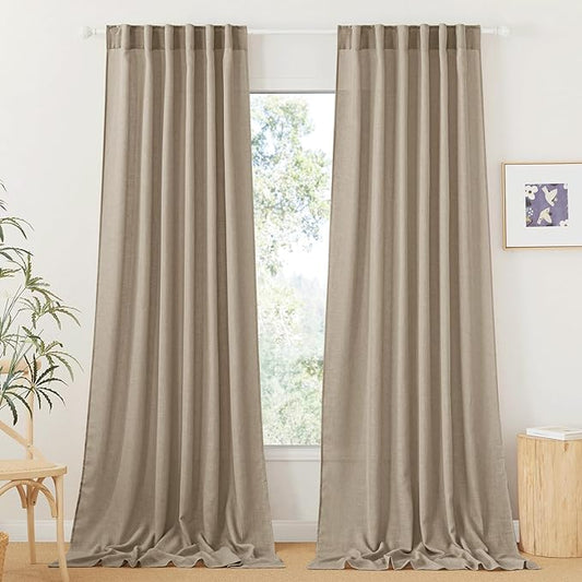 RYB HOME Linen Curtains for Windows - Airy Semi Sheer for Bathroom Kids Room Doorway, Privacy Assured Home Decor Elegant Shabby Chic, 52 inch Width x 102 inch Length, Khaki, 2 Panels Set