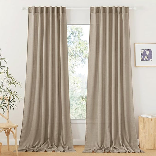 RYB HOME Long Linen Curtains 96 inches Long for Living Room, Light Airy Breathable Window Decor Linen Burlap 2 Panels Set for Laundry Room Home Office, W 70 x L 84 inches, Khaki, 2 Panels