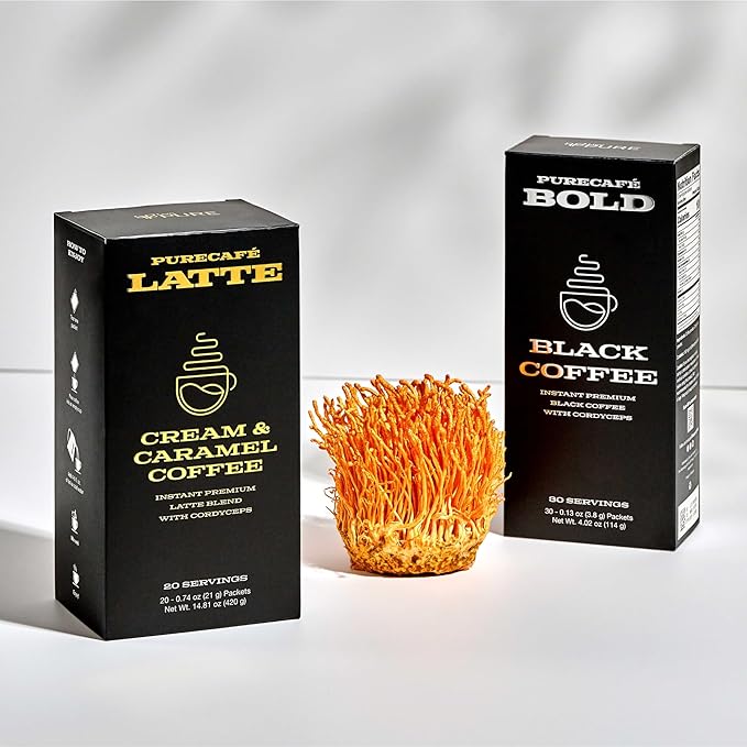 PureCafé Bold Black Coffee with Cordyceps | Smooth, Energizing Flavor | Convenient Single-Serve Packets | Supports Focus, Vitality & Wellness | 30 Servings