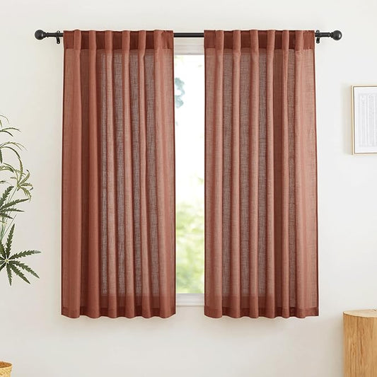 RYB HOME Natural Linen Blend Curtains for Kitchen Dining Room, Back Tab Boho Rustic Half Privacy Window Decor Semi Sheer for Bathroom Nursery, W 52 x L 72 inches, Terracotta, 2 Panels