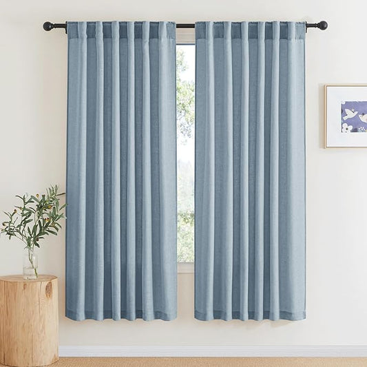 RYB HOME Blue Linen Sheer Curtains for Living Room Kids Room, Semi Transparent Elegant Flax Linen Texture Breathable Durability Decor 72 inch Length, W 52 x L 72 inches, Dusty Blue, 2 Panels