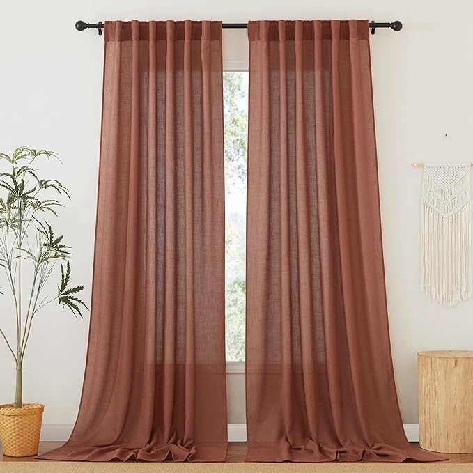 RYB HOME Faux Linen Curtains 102 inches Long, Elegant Textured Sheer Drapes Boho Window Decor for Balcony Living Room Dining Room, 52 Wide x 102 inches Long, Terracotta, 2 Pcs