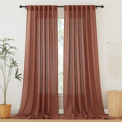 RYB HOME Faux Linen Curtains 102 inches Long, Elegant Textured Sheer Drapes Boho Window Decor for Balcony Living Room Dining Room, 52 Wide x 102 inches Long, Terracotta, 2 Pcs