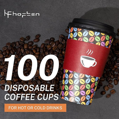 100 Pack 16 oz Disposable Coffee Cups with Lids and Sleeves, To Go Paper Cups for Hot & Cold Beverage, Sturdy Thick Paper & Leak-free, Black & White Designs for Home, Business, Café, Juice or Tea.
