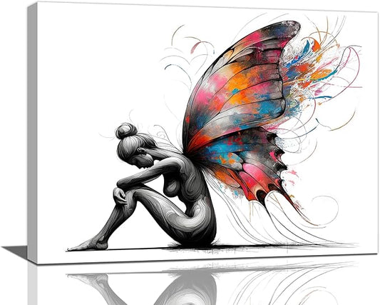 Butterfly Girl Wall Decor Colorful Butterfly Wings pictures Canvas Wall Art Female Woman Painting Girl Room Decor Artwork Decorations Framed for Bedroom Bathroom living Room Office 24 x 20 inch