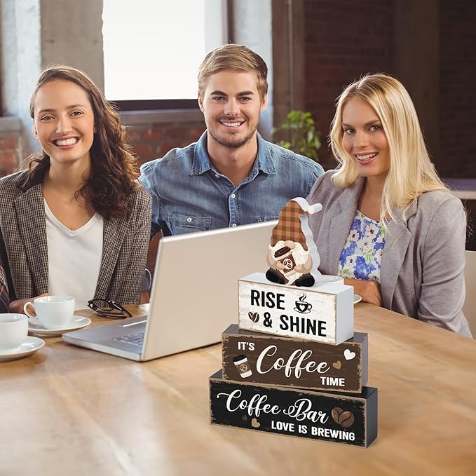 Blosssound 4 Pcs Coffee Bar Table Decorations Centerpieces Coffee Bar Wooden Signs Farmhouse Brown White Gnome Café Rustic Wood Block Gifts for Tiered Tray Mantel Shelf Home Cafe Lover Party Kitchen