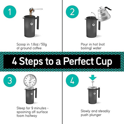 Coffee Gator French Press Coffee Maker, Stainless Steel, 34oz – Insulated Double Wall, Prensa Francesa Para Cafe, Tea Press, Glass & Small French Press Silver
