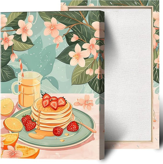 Vintage Food Afternoon Tea Kitchen Wall Art Funny Drinks Fruits Food Pastries Canvas Posters Funky Pink Strawberry Cake Orange Flowers Prints Painting For Living Room Wall Decor 8x10in Framed