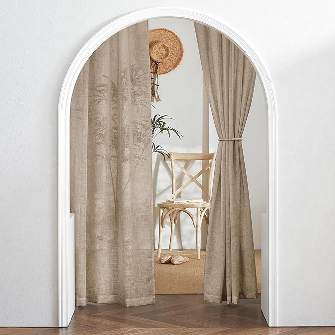 RYB HOME Linen Curtains for Windows - Airy Semi Sheer for Bathroom Kids Room Doorway, Privacy Assured Home Decor Elegant Shabby Chic, 52 inch Width x 102 inch Length, Khaki, 2 Panels Set