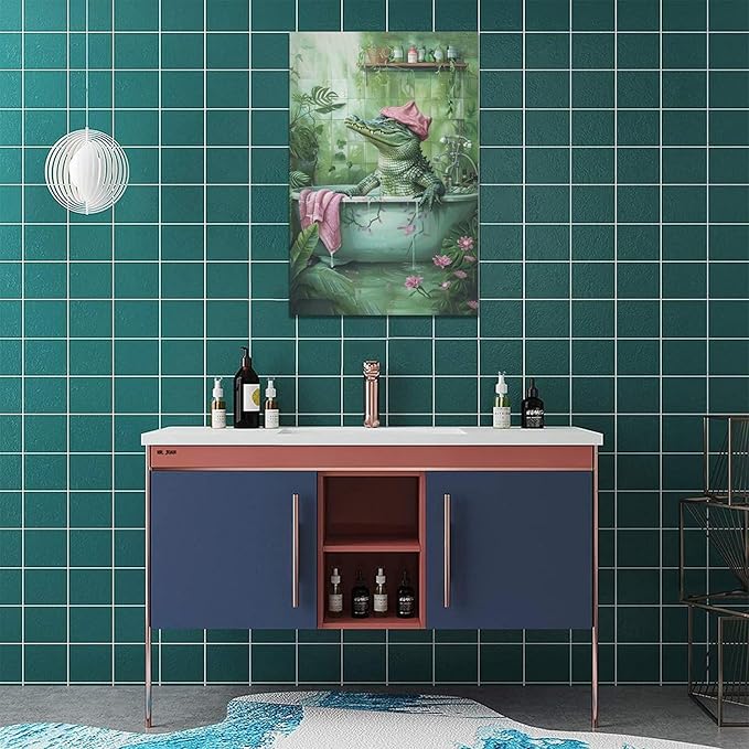Bathroom Crocodile Wall Art Alligator Bathroom Pictures Wall Decor Funny Toilet Bathroom Canvas Painting Home Modern Artwork Decorations Framed for Restroom 20 x 24 inch
