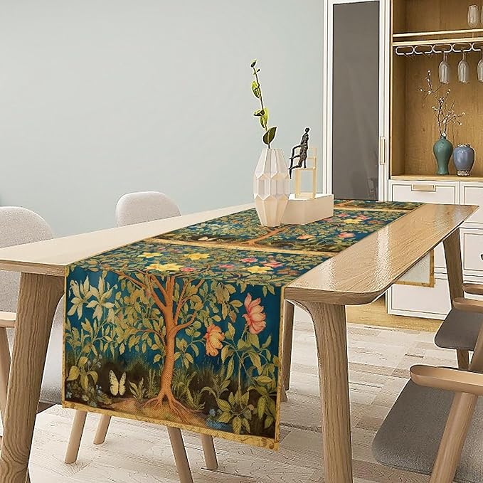 William Morris Table Runner, Vintage William Morris Floral Country Style Linen Table Runner for Home Kitchen Table Decoration, 13x90 Inch