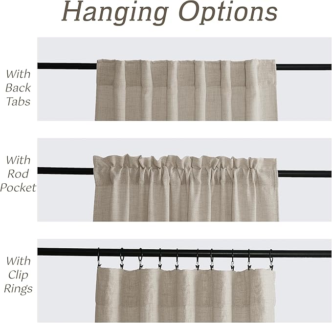 RYB HOME Natural Beige Linen Sheer Curtains 90 inches Long for Living Room and Dining Room, Back Tab/Rod Pocket, Light Filtering Sheer Curtains and Drapes, W 52 x L 90 inches, 2 Panels Set